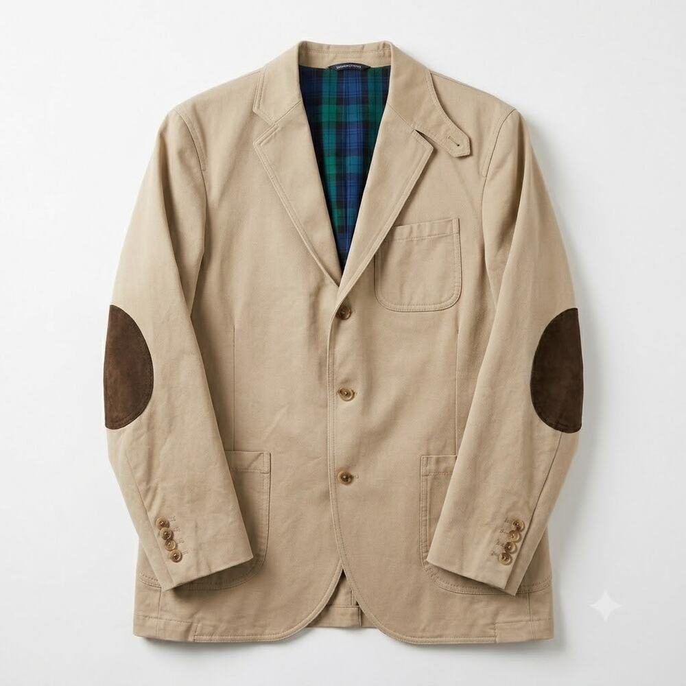 Lands End Twill Sport Coat Beige Elbow Patches Surgeon Cuffs Cotton Mens 40R